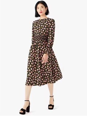 Kate Spade ♠️ Black Floral Long-Sleeve Smocked Waist Midi Dress